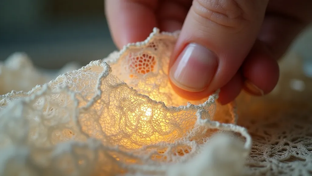 Close up of antique lace being examined