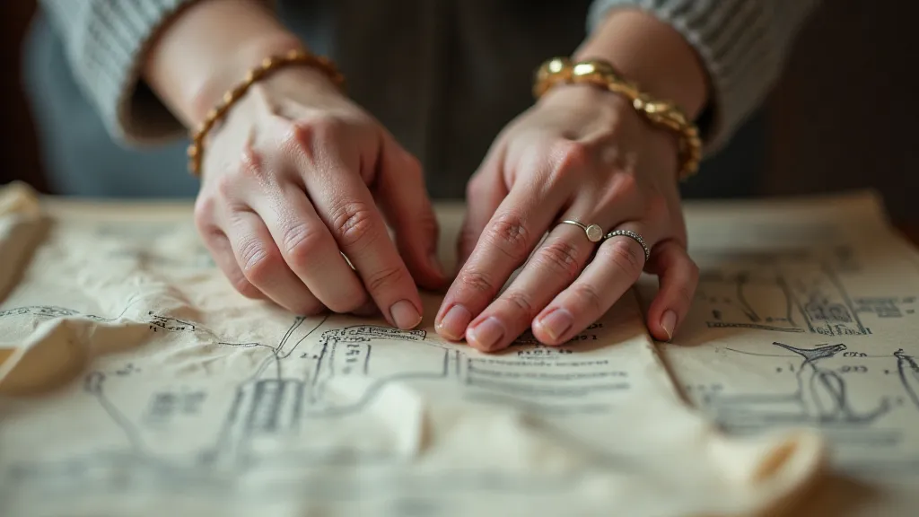 Seamstress carefully pinning a vintage pattern