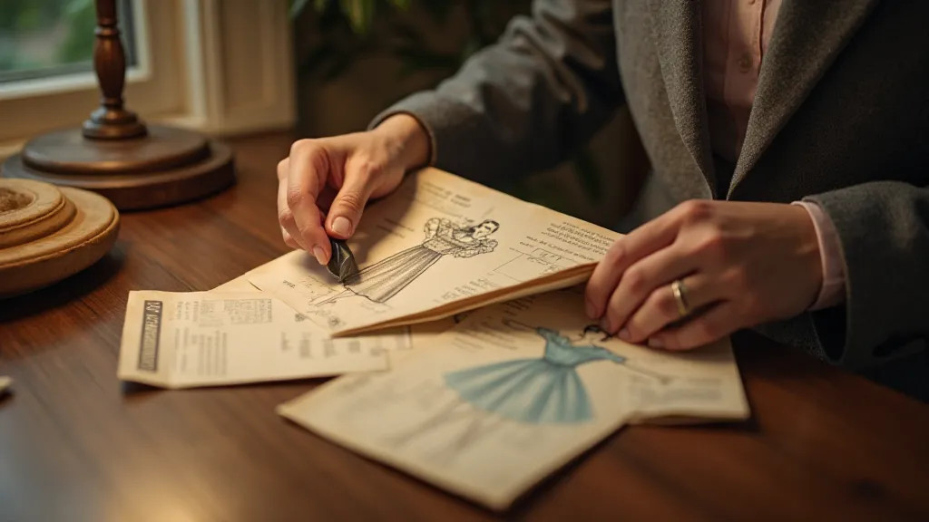 Woman unfolding a vintage sewing pattern