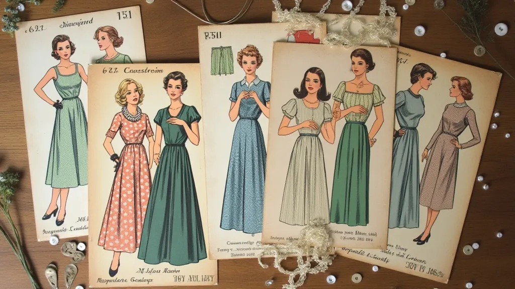 Assorted vintage sewing patterns laid out on a wooden surface