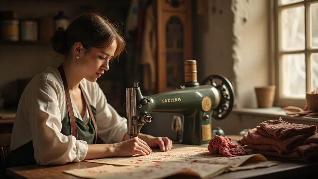 Vintage seamstress at a sewing machine